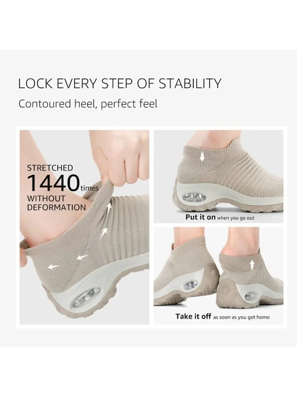 Women's Light Taupe Arch Support Non Slip Breathable Knit Upper Sneaker Shoes